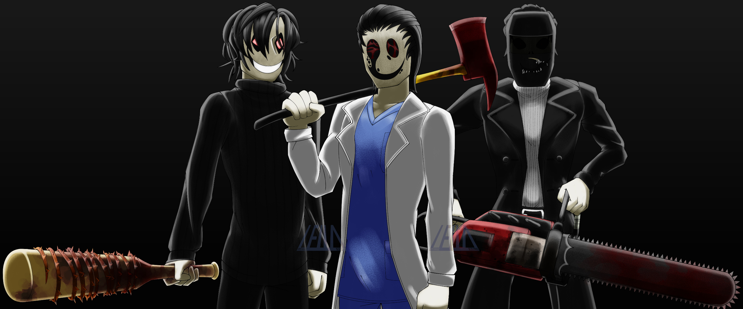 Compilation shot of the Happyville Slashers, unimplemented. Each character pictured is separated into their own pop-up screen. June 6th–7th, 2022.