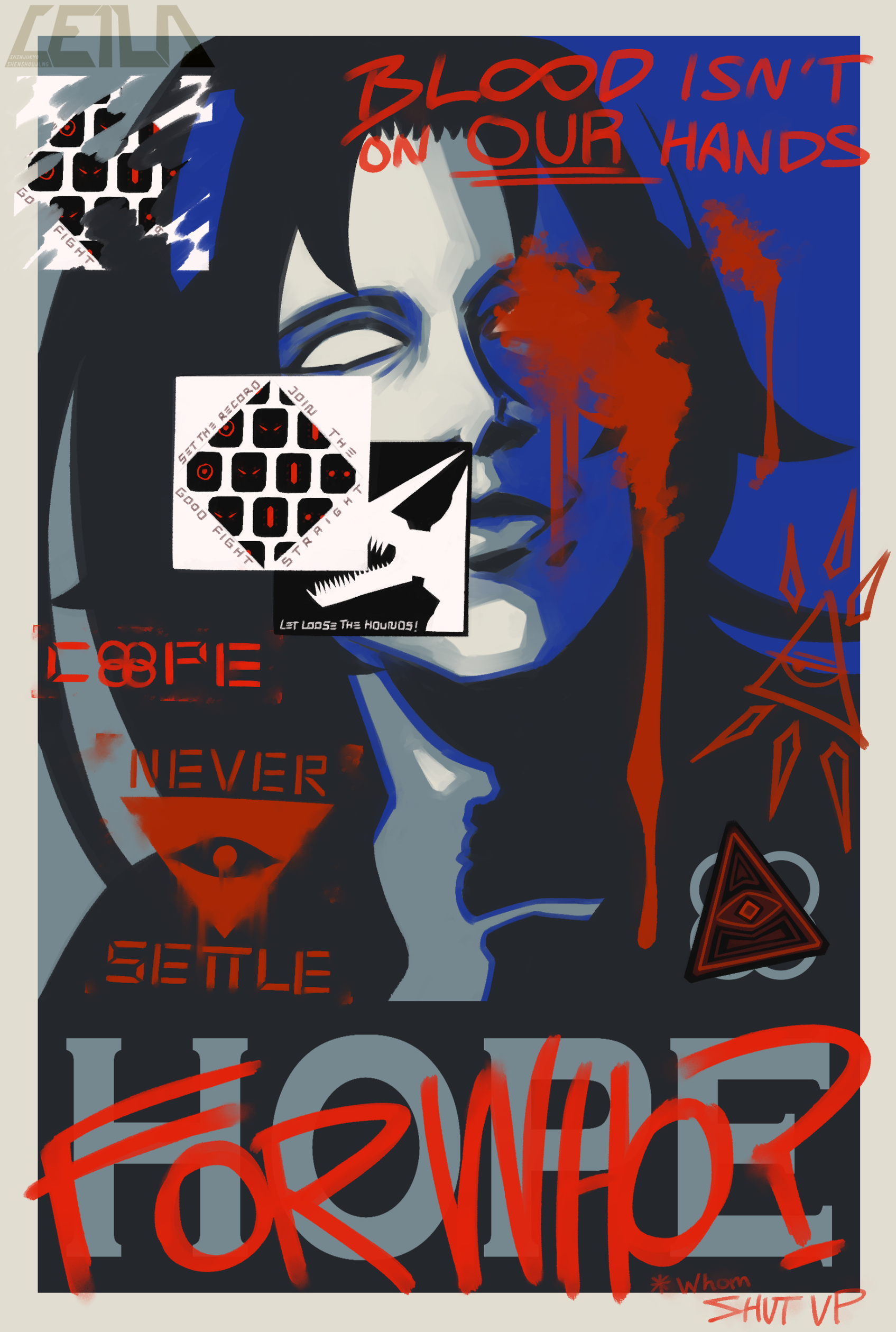 One of multiple variations of a parody poster inspired by the iconic Barack Obama "Hope" poster for a planned sequel game, featuring Circulation and Ocubot graffiti. October 13th, 2022.