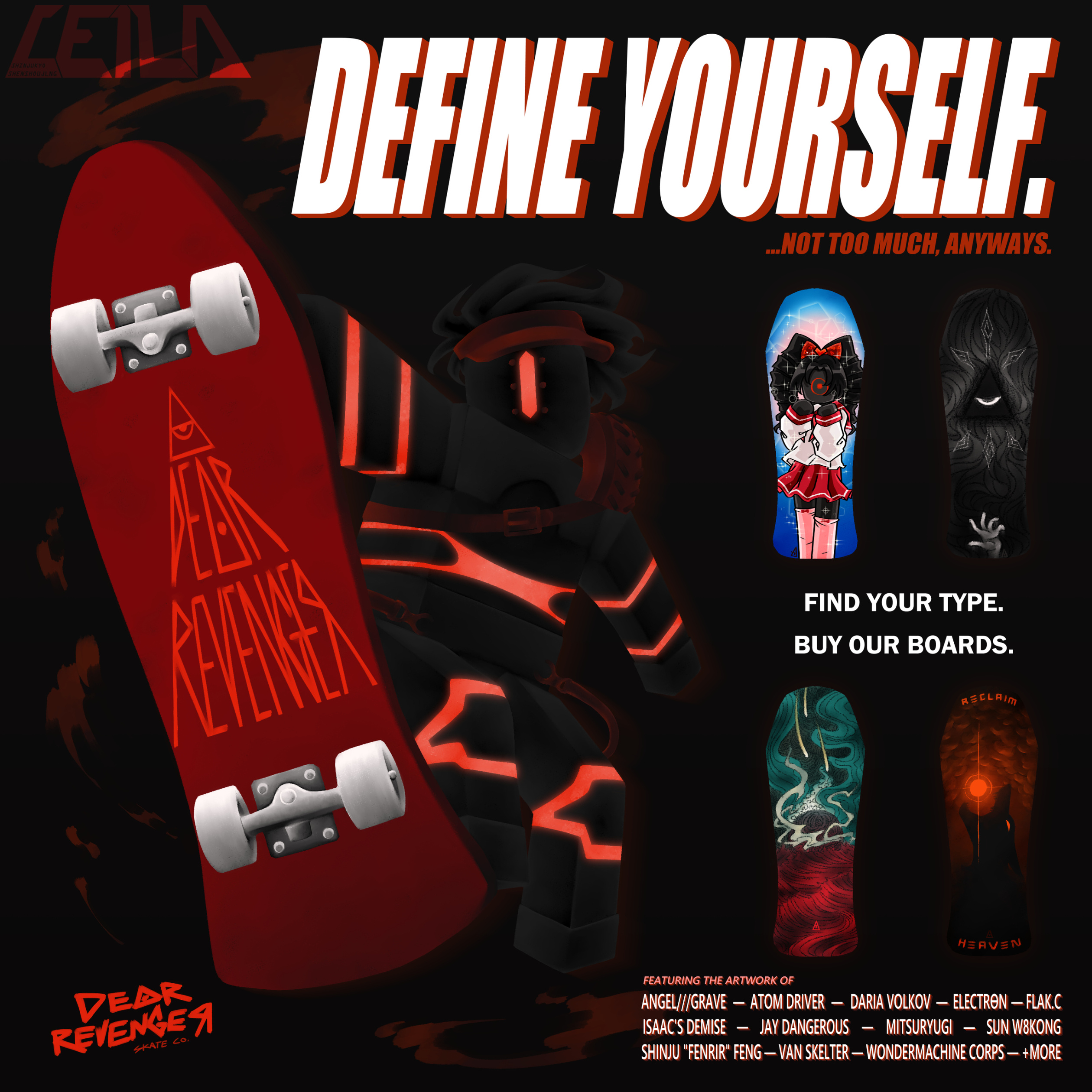 Additional poster for planned sequel game, this time playing on the idea of an in-universe skate brand (as there is a skater enemy unit, depicted centrally). The artwork of Richey Beckett was heavily referenced for this piece. October 27th, 2022.